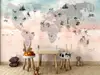 Fototapet copii harta lumii cu țări și animale - decor în nuanțe pastel, material vlies, dimensiuni personalizabile