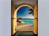 Fototapet insula Santorini, Komar, decorațiune cu peisaj 3D, fototapet 184x254 cm