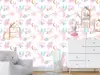 Fototapet cu unicorni roz, flori pastel și accente aurii – decor magic pentru camera fetițelor, vlies, dimensiuni personalizabile