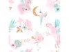 Fototapet cu unicorni roz, flori pastel și accente aurii – decor magic pentru camera fetițelor, vlies, dimensiuni personalizabile
