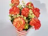Aranjament flori artificiale, garofiţe în vas ceramic alb cu dungi roşii