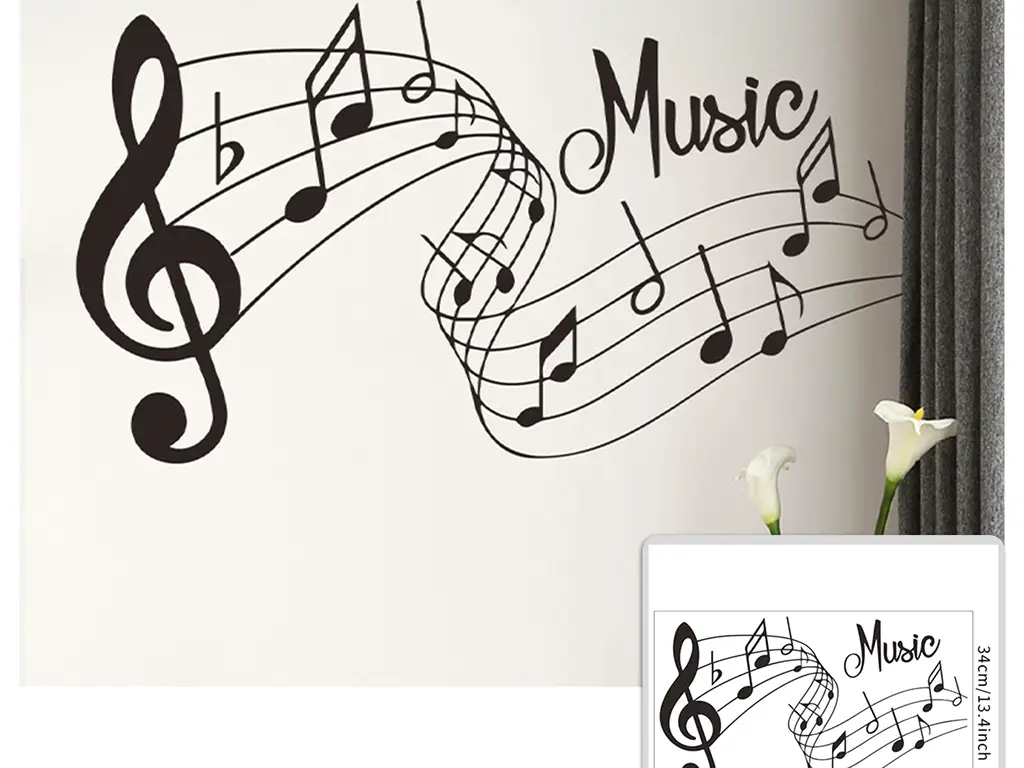 Sticker perete Portativ cu note muzicale, Folina, autoadeziv, negru