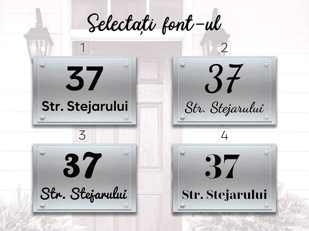 Plăcuţă 3D cu număr și/sau adresă casă, din bond și plexiglass transparent, cu text personalizat