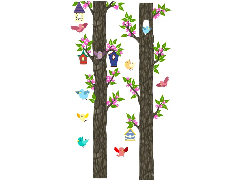 Sticker perete pentru camera copiilor, Copaci şi păsări , decoraţiune de mari dimensiuni, 250 cm înălţime