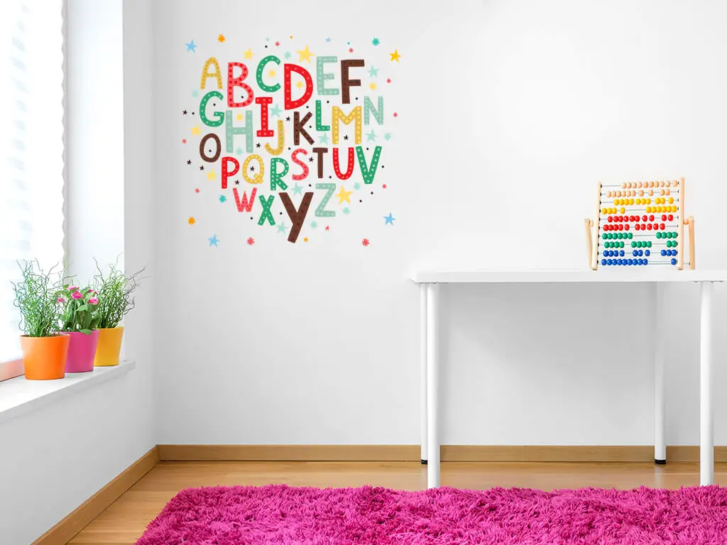 Sticker Alfabetul pentru copii, Folina, multicolor, planșă mare de 100 cm, racletă de aplicare inclusă