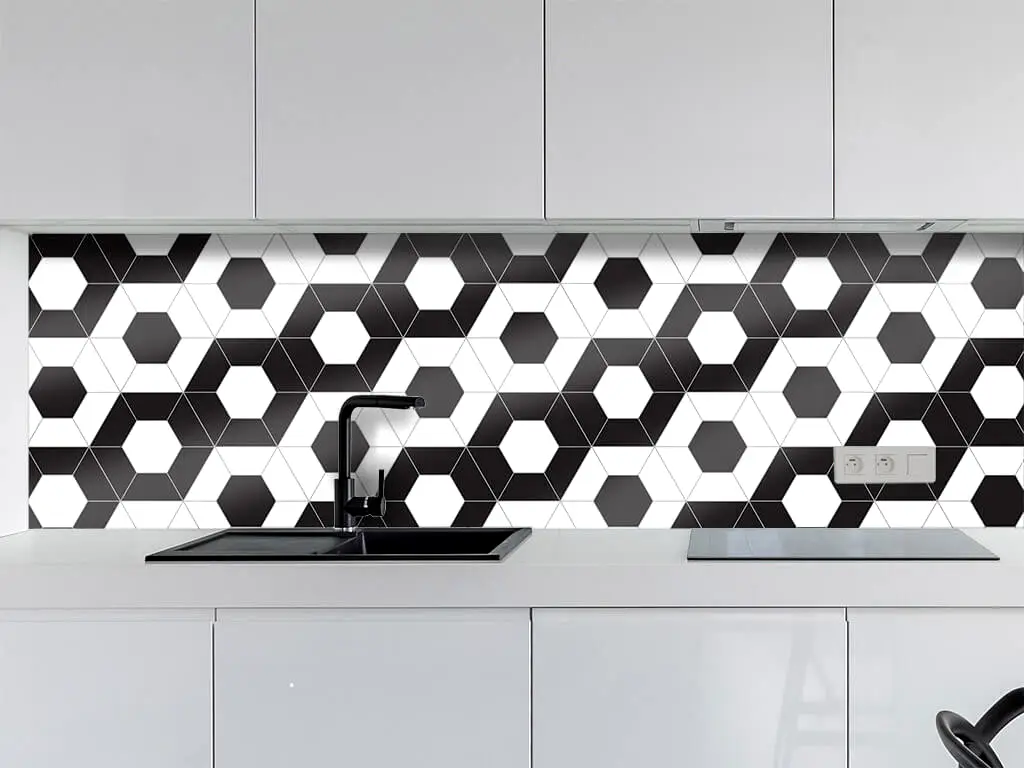 Autocolant perete imitaţie faianţă decorativă, Folina, hexagoane alb cu negru, rolă de 60x200 cm