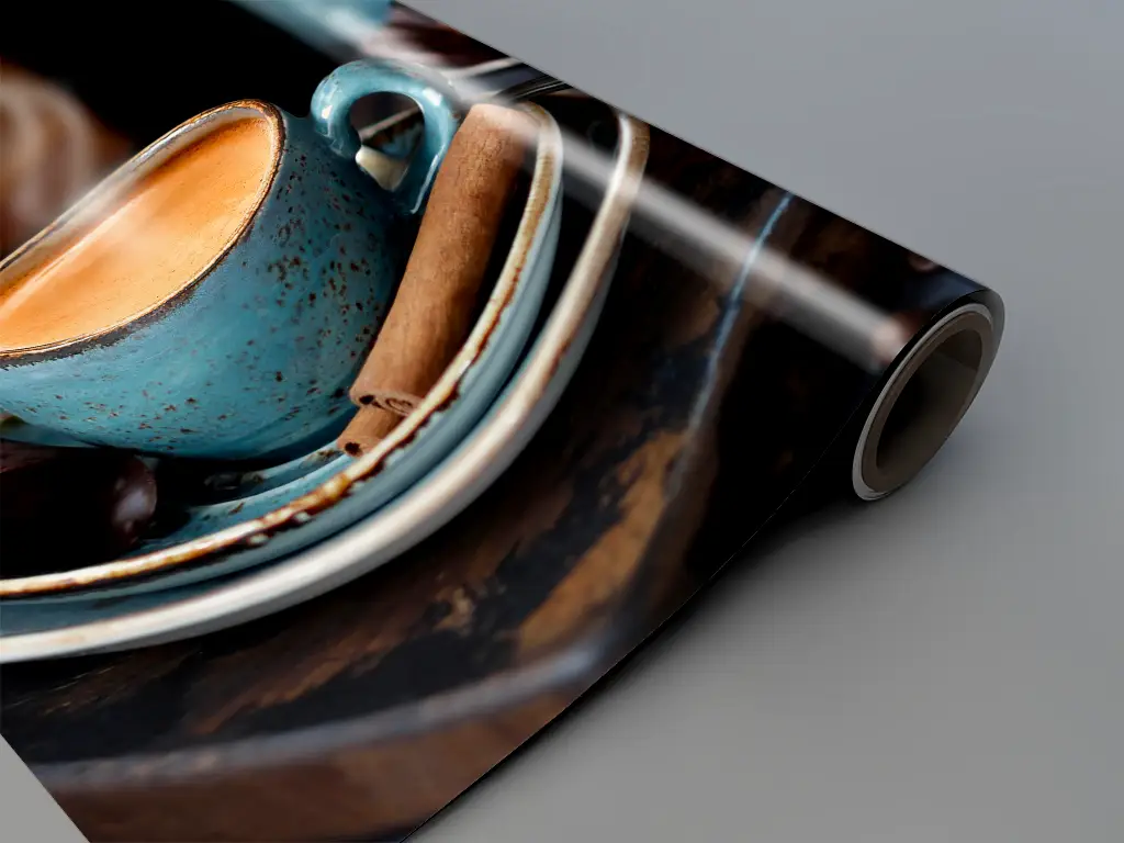 Autocolant blat masă, model ceașcă cafea, 100 x 100 cm, racletă inclusă