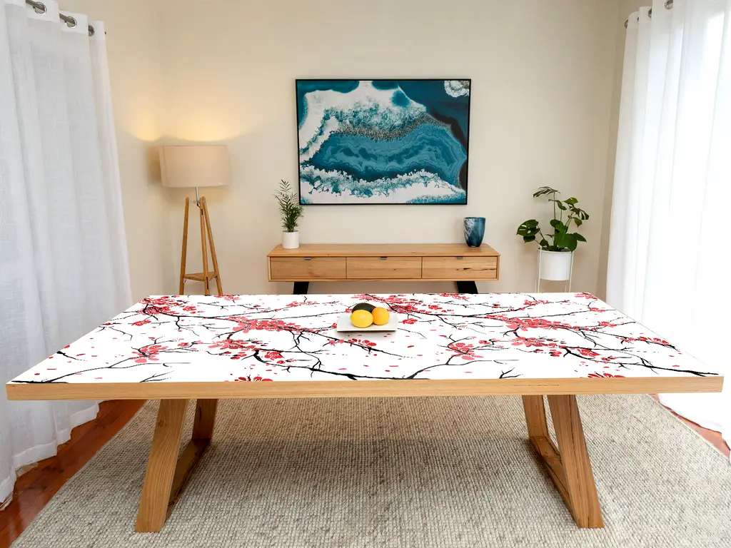 Autocolant blat masă, model cireș japonez, 100 x 100 cm, racletă inclusă