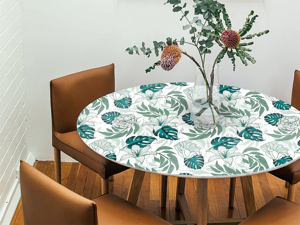 Autocolant blat masă, model frunze tropicale, 100 x 100 cm, racletă inclusă