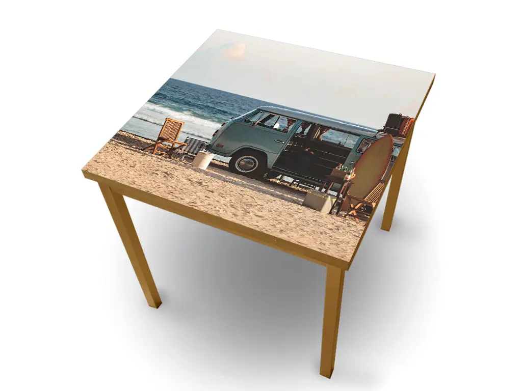 Autocolant blat masă, model plajă vintage, 100 x 100 cm, racletă inclusă