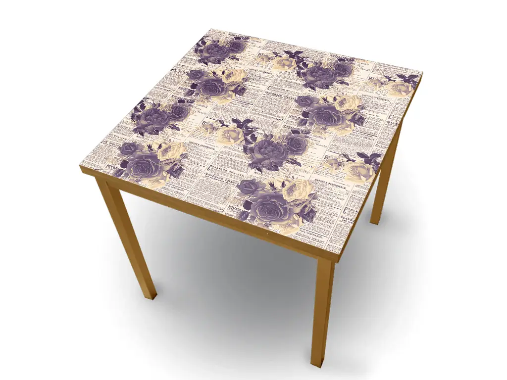 Autocolant blat masă, model ziar cu flori violet, 100 x 100 cm, racletă inclusă