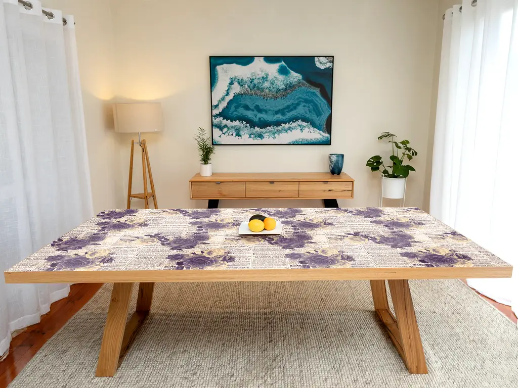 Autocolant blat masă, model ziar cu flori violet, 100 x 100 cm, racletă inclusă