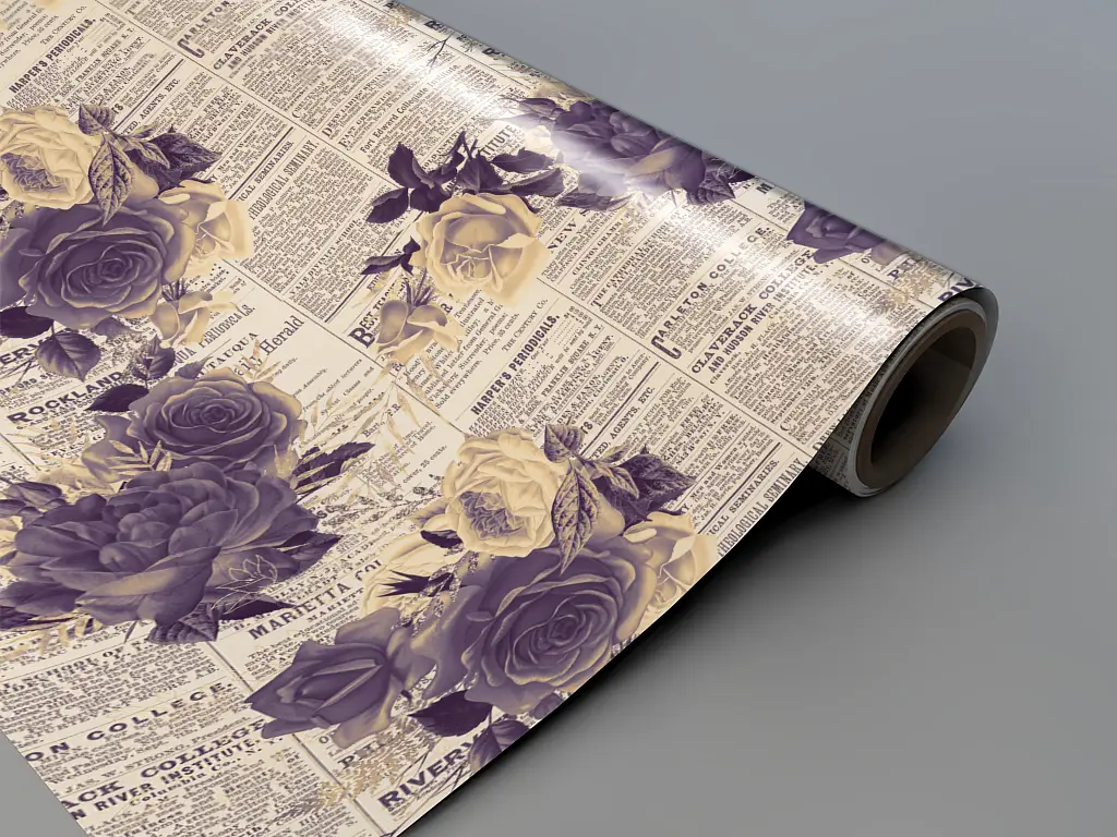 Autocolant blat masă, model ziar cu flori violet, 100 x 100 cm, racletă inclusă