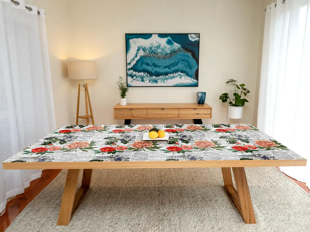 Autocolant blat masă, model ziar cu flori multicolor, 100 x 100 cm, racletă inclusă