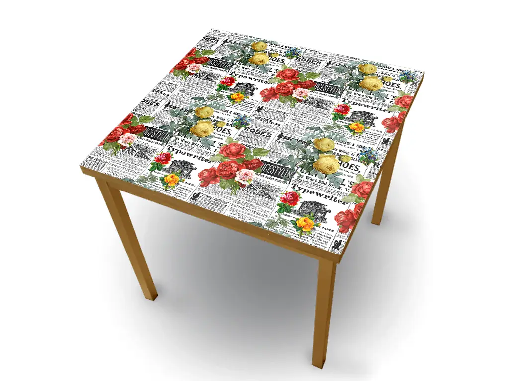 Autocolant blat masă, model ziar cu flori roșii și galbene, 100 x 100 cm, racletă inclusă