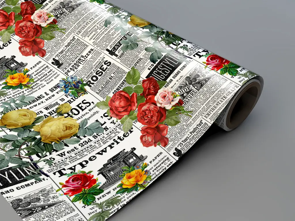 Autocolant blat masă, model ziar cu flori roșii și galbene, 100 x 100 cm, racletă inclusă