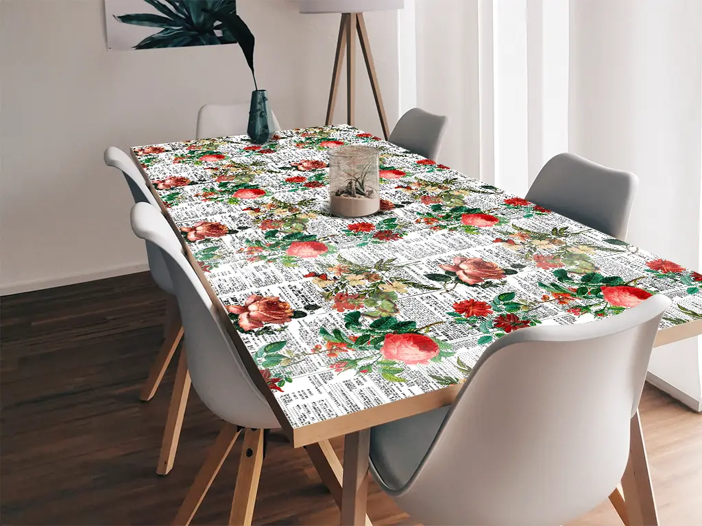 Autocolant blat masă, model ziar cu flori nuanțe de roșu, 100 x 100 cm, racletă inclusă