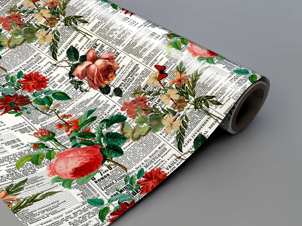 Autocolant blat masă, model ziar cu flori nuanțe de roșu, 100 x 100 cm, racletă inclusă