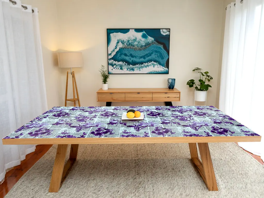 Autocolant blat masă, model ziar cu flori mov, 100 x 100 cm, racletă inclusă
