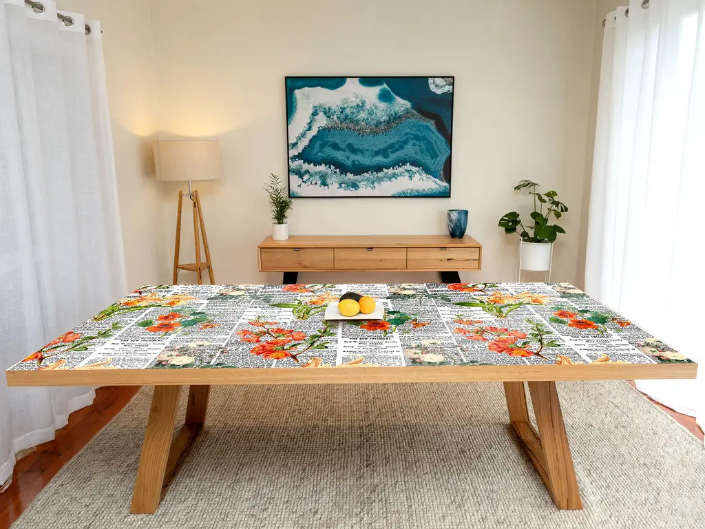 Autocolant blat masă, model ziar cu flori oranj, 100 x 100 cm, racletă inclusă