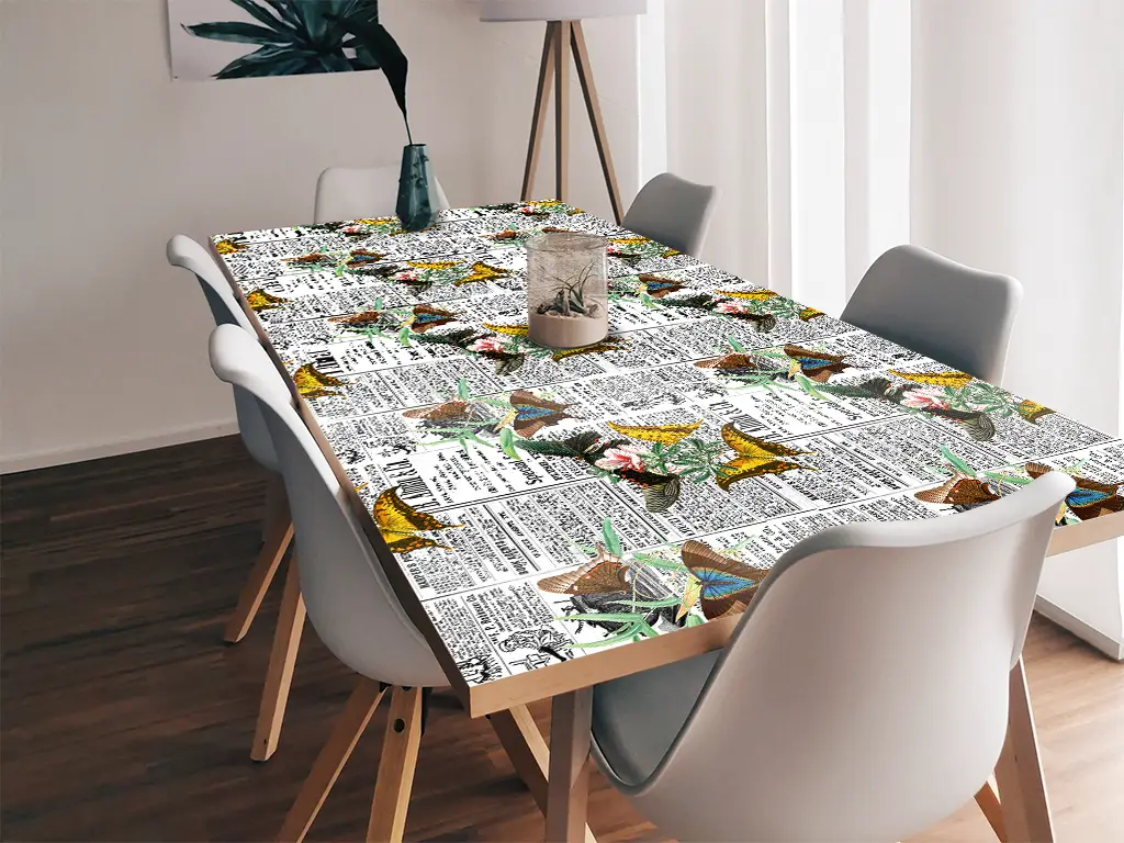 Autocolant blat masă, model ziar cu fluturi galbeni, 100 x 100 cm, racletă inclusă