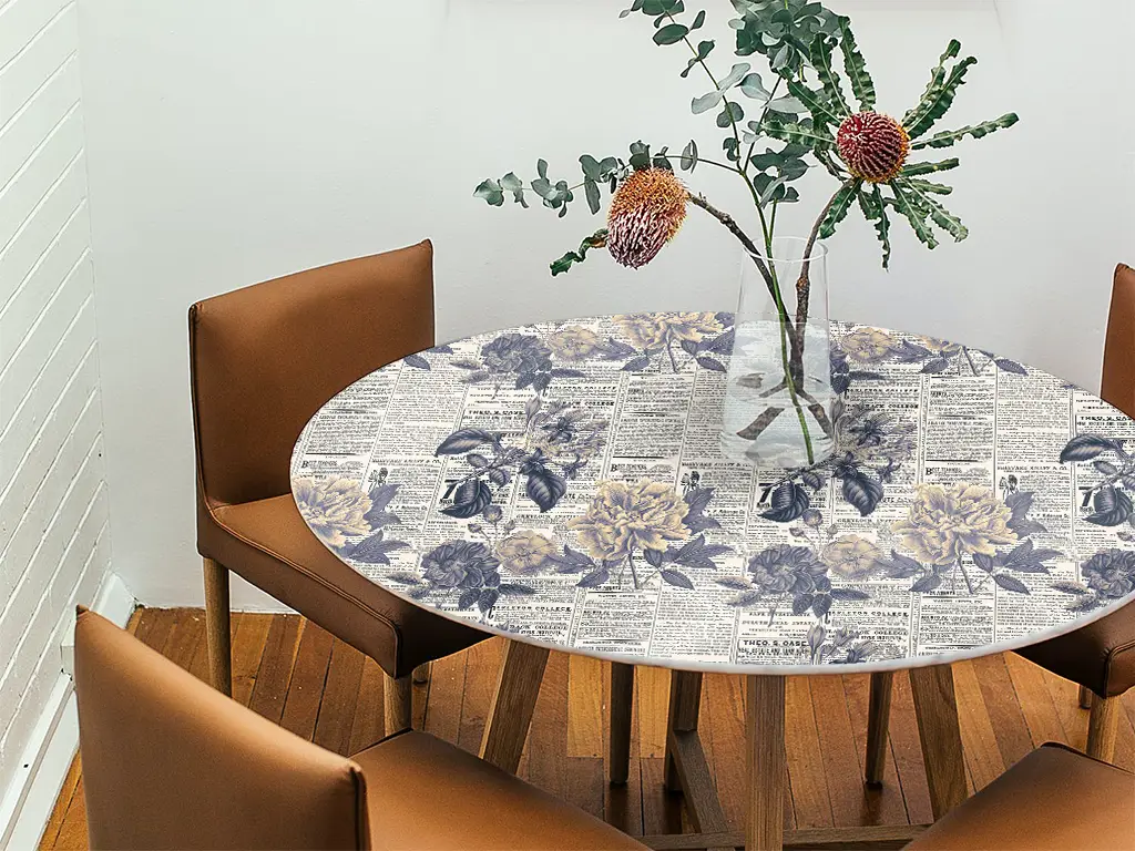 Autocolant blat masă, model ziar cu flori retro, 100 x 100 cm, racletă inclusă