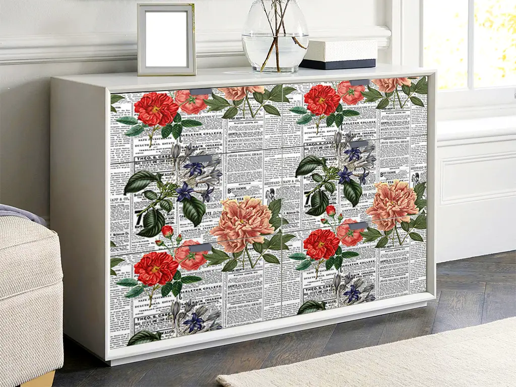 Autocolant decorativ, model ziar cu flori multicolor, 100 cm lățime