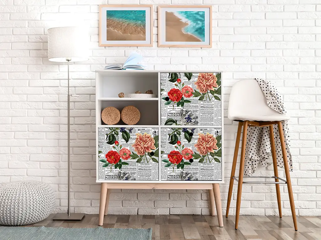 Autocolant decorativ, model ziar cu flori multicolor, 100 cm lățime