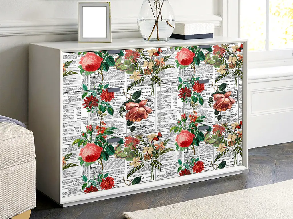 Autocolant decorativ, model ziar cu flori nuanțe de roșu, 100 cm lățime