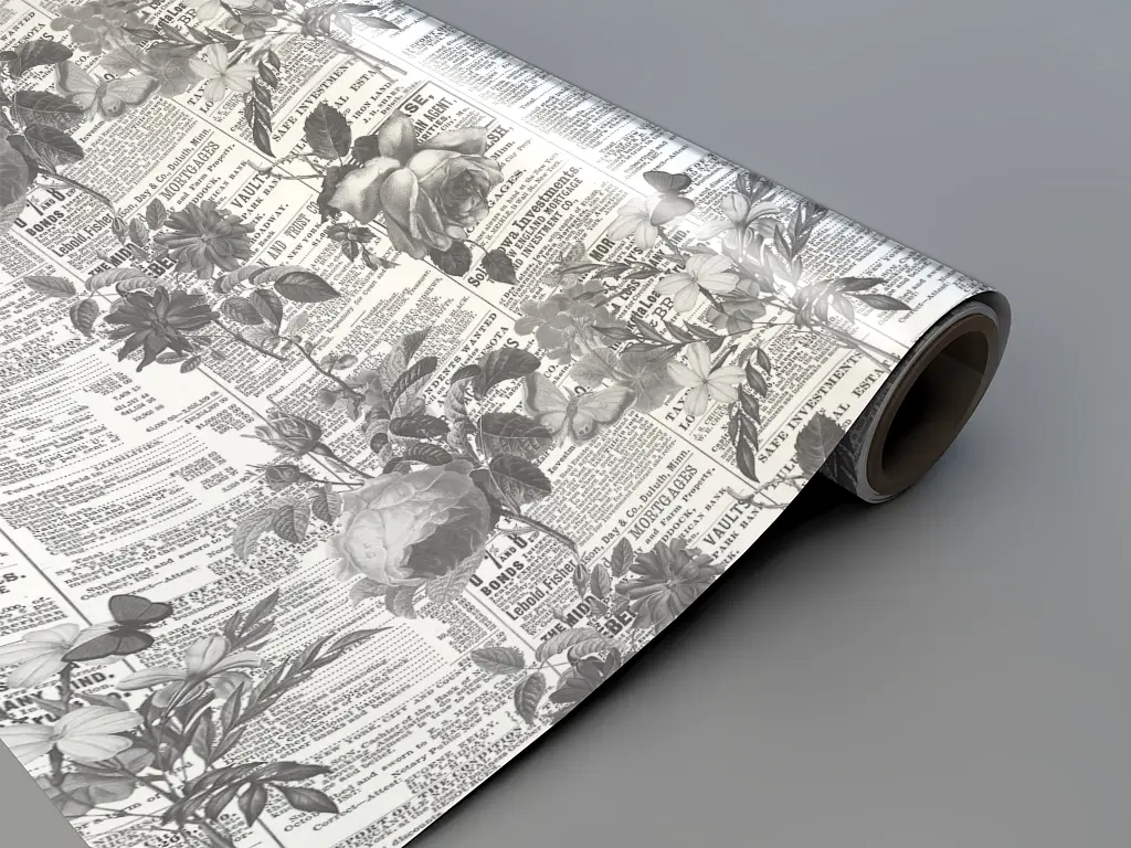 Autocolant mobilă decorativ, model ziar cu flori gri, 100 cm lățime