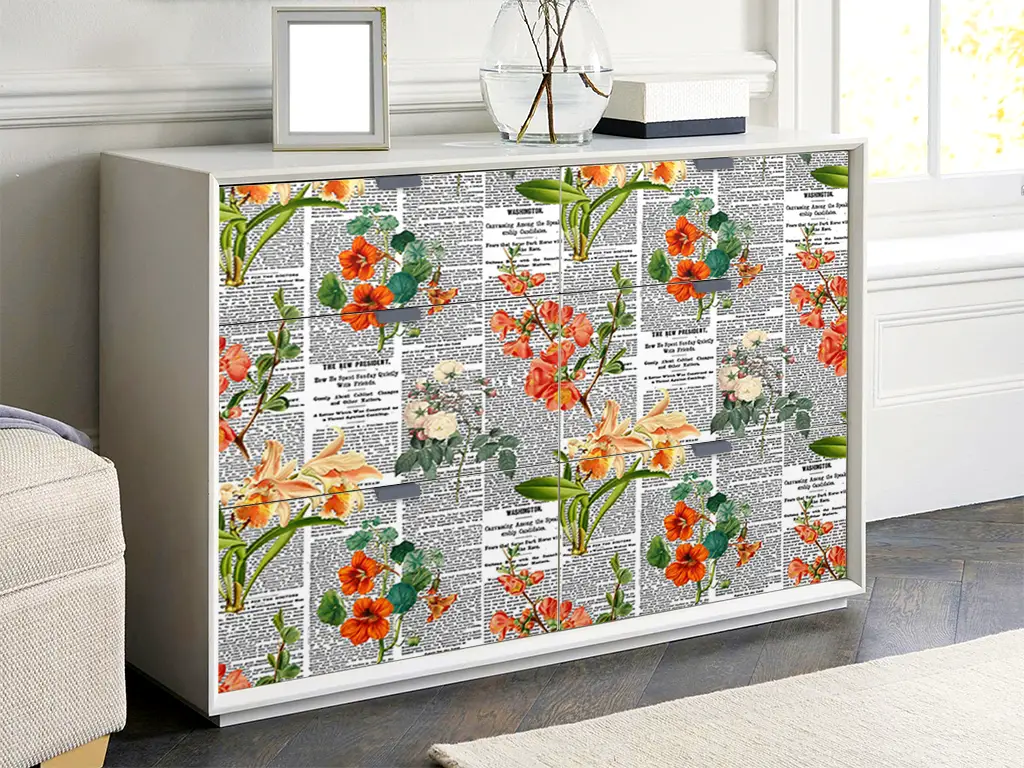 Autocolant mobilă decorativ, model ziar cu flori oranj, 100 cm lățime