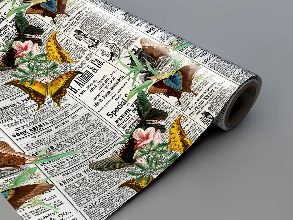 Autocolant mobilă decorativ, model ziar cu fluturi galbeni, 100 cm lățime