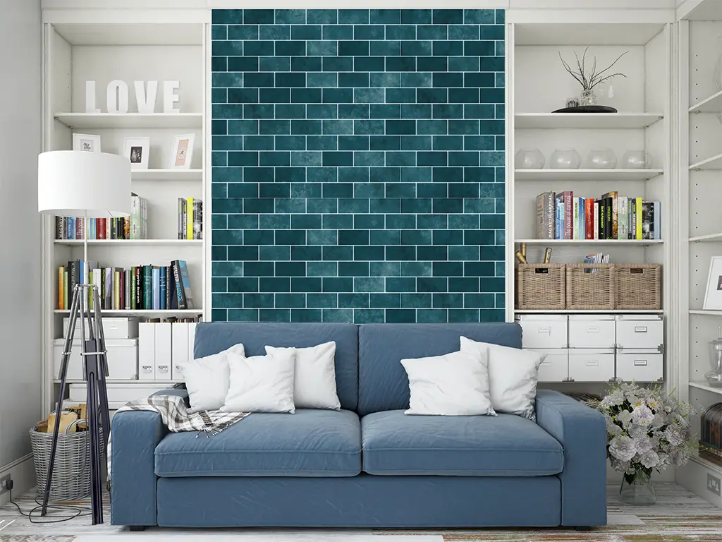 Autocolant perete, Folina, imitaţie cărămidă albastru verzui, tapet autoadeziv din PVC cu lăţime de 100 cm 
