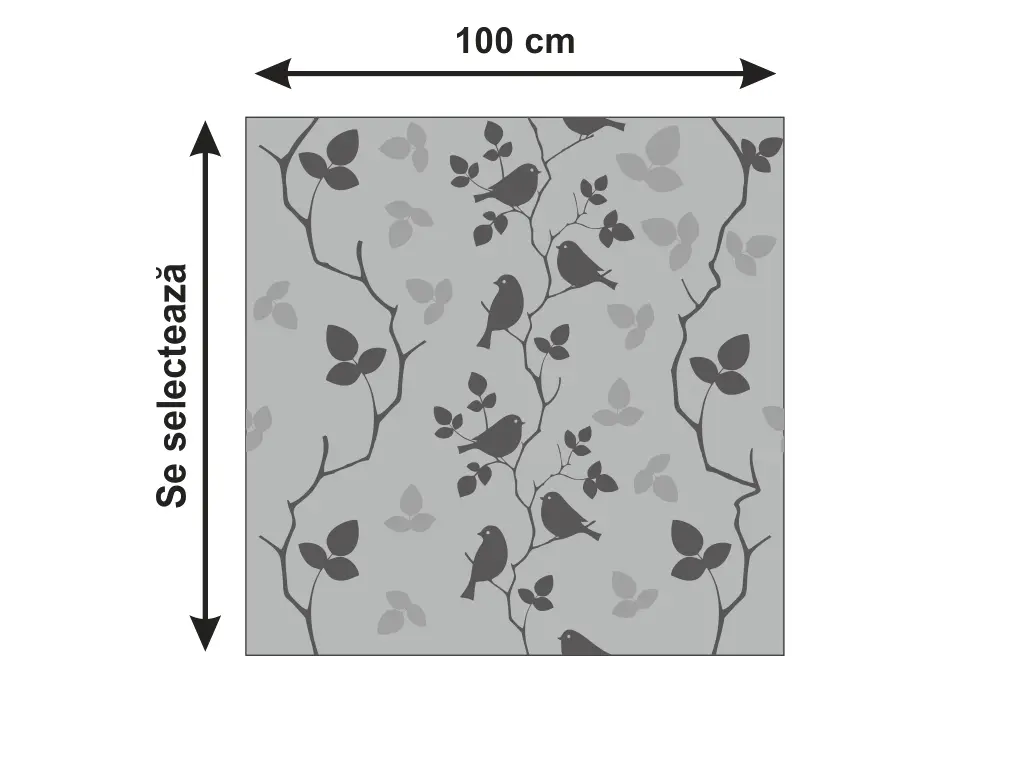 Folie geam autoadezivă, Almeria gri, sablare cu model păsări și crengi, 100 cm lăţime