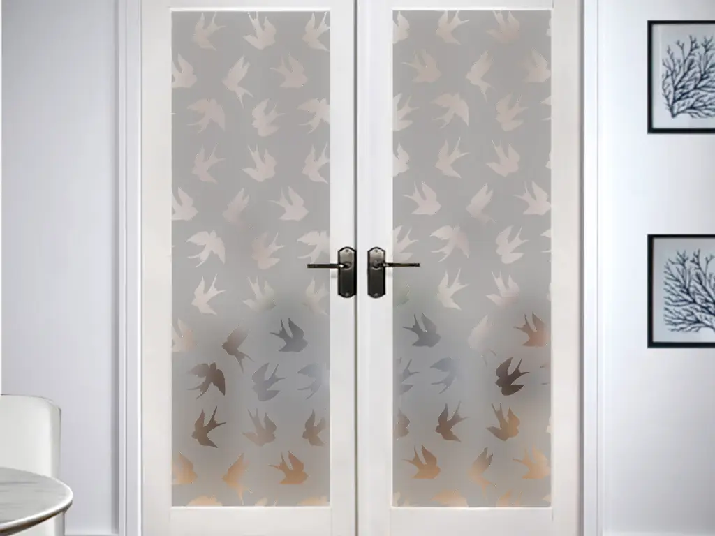 Folie  sablare uşă din sticlă, Folina, model păsări, rolă de 100x210 cm, cu racletă aplicare