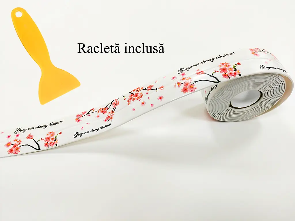 Bandă etanşare autoadezivă pentru cadă sau chiuvetă, Folina ETF13, albă, Cherry Blossom, rolă de 3,5 cm x 3,2 metri 