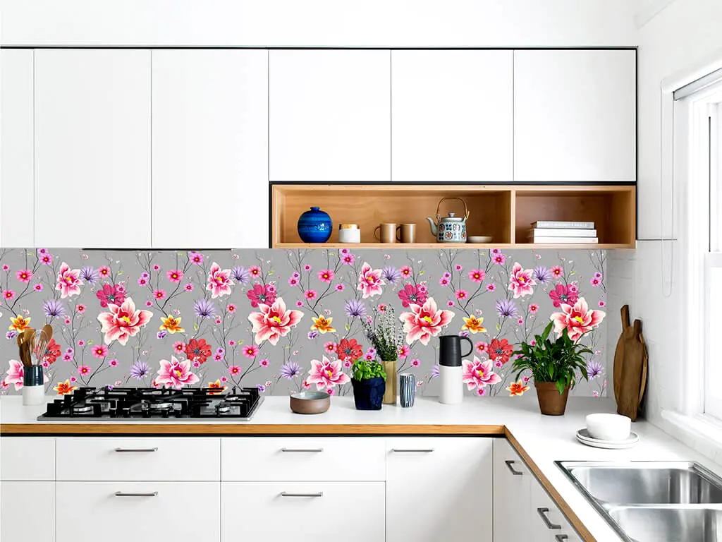 Autocolant mobilă decorativ, Folina, gri cu model floral multicolor,100 cm lățime