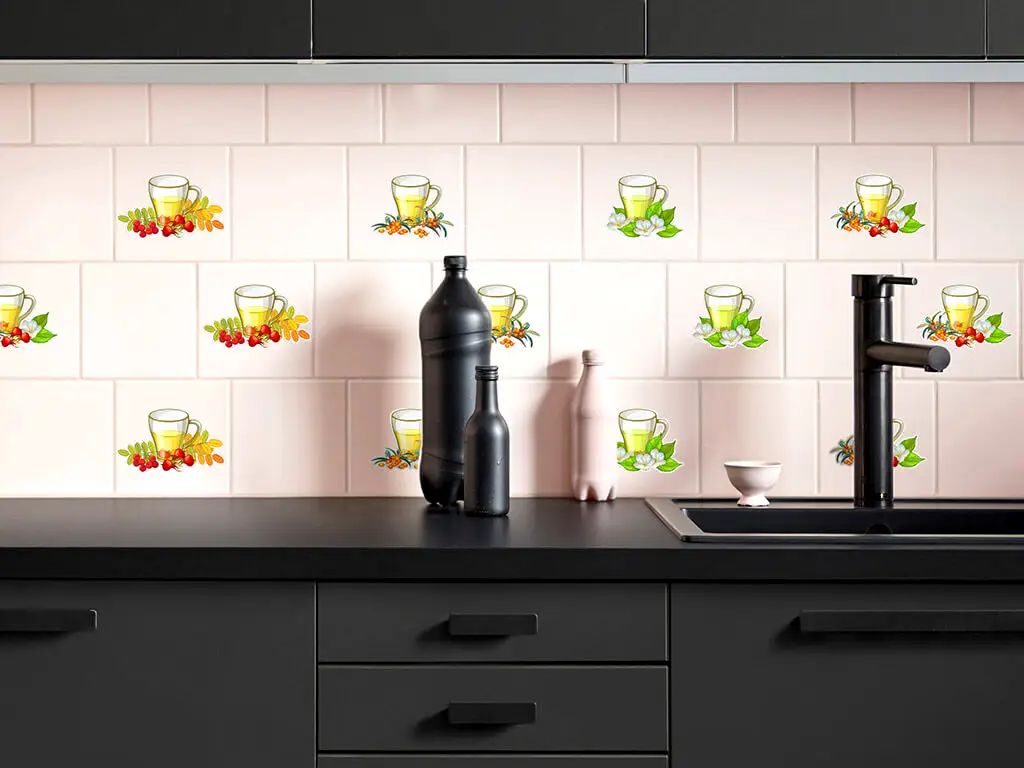 Set 12 stickere faianţă bucătărie, Folina, model ceşti ceai, multicolor