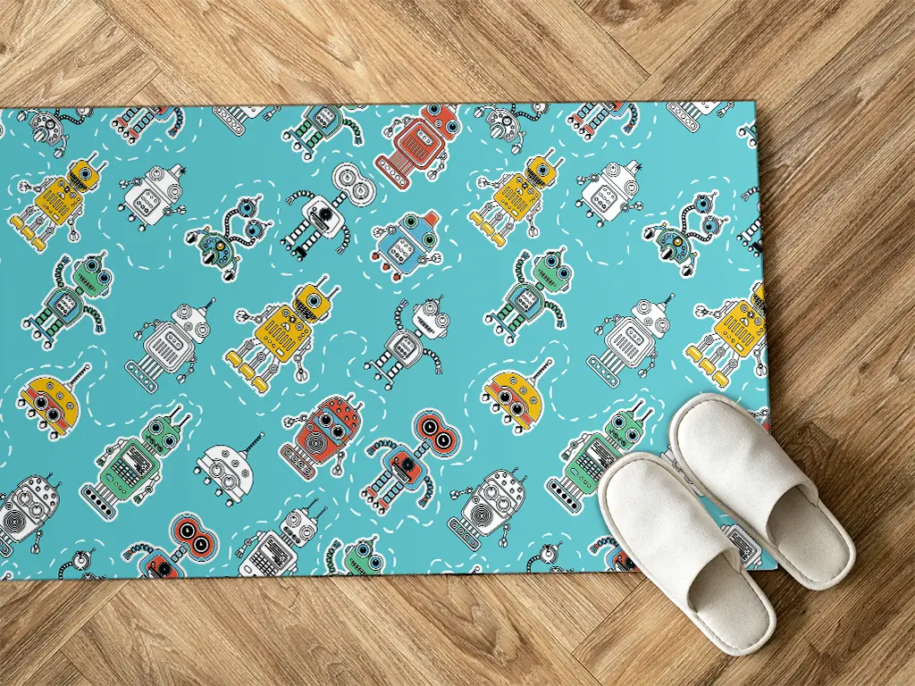 Covor antiderapant pentru cameră copii, din pvc, model cu roboți, linoleum antiderapant la rolă de 80x158 cm lățime.