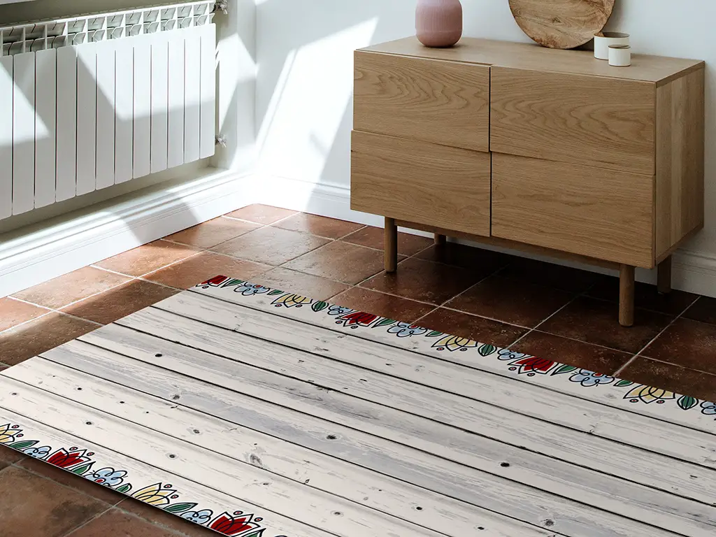 Covor antiderapant din vinil, trasersa cu model lemn gri, pentru hol și terasă, 80x300 cm