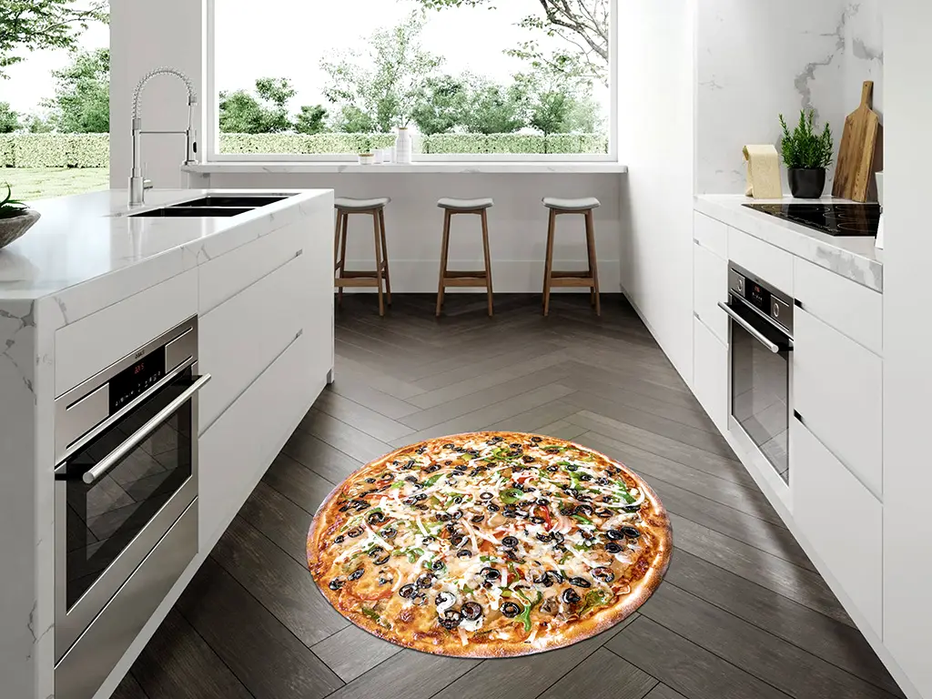 Covor antiderapant pentru bucătărie, model pizza, linoleum antiderapant, rotund