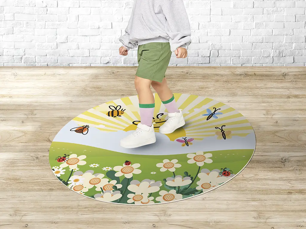 Covor antiderapant pentru copii, model cu albinuțe și fluturi, linoleum antiderapant, rotund