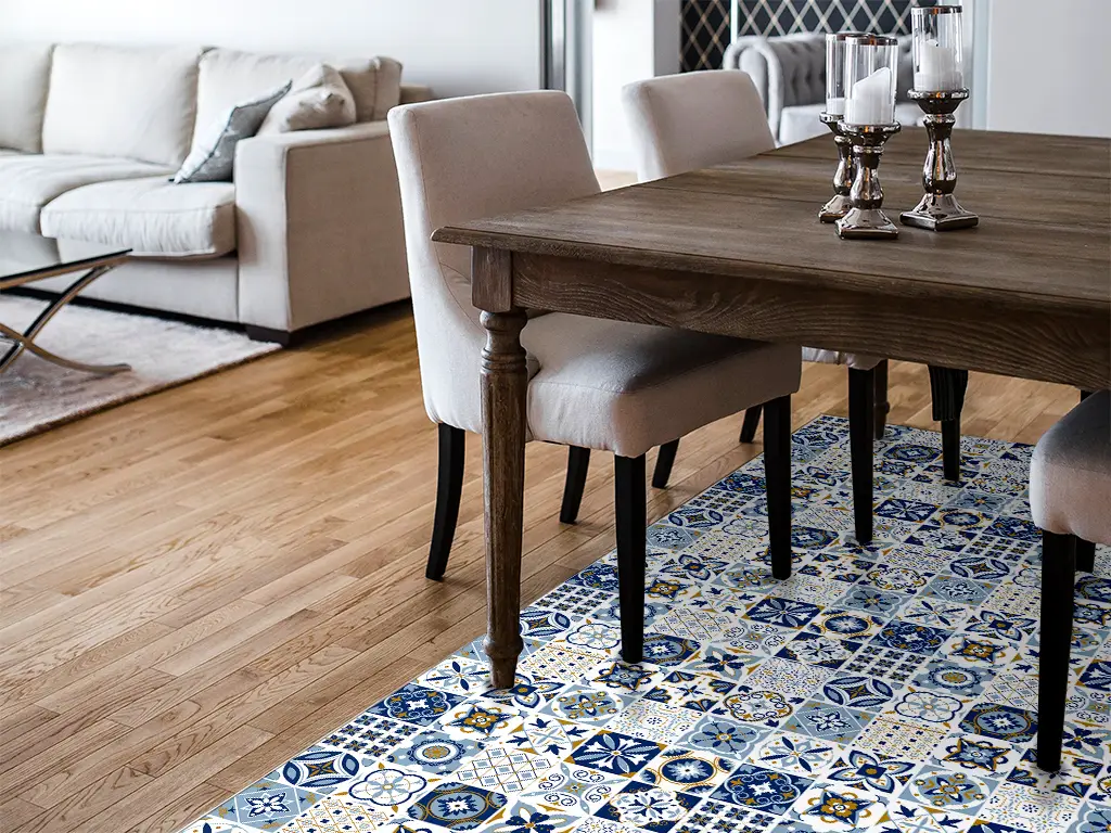 Covor antiderapant pentru bucătărie, din pvc, model Blue Tiles, linoleum antiderapant la rolă de 60x400 cm