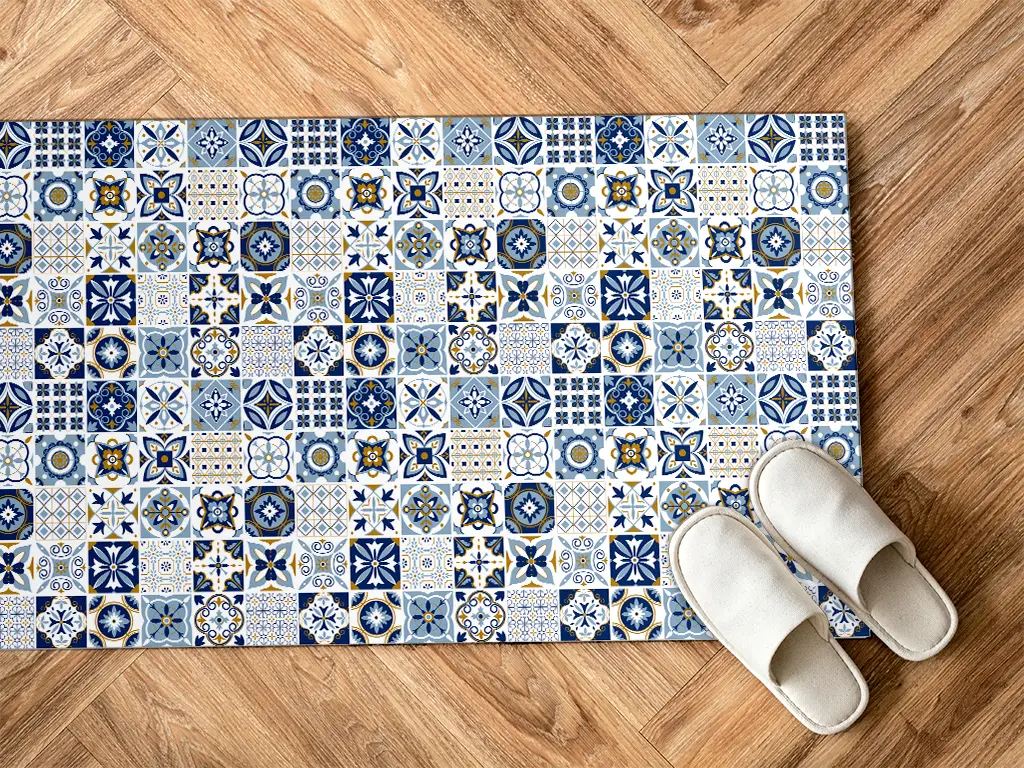 Covor antiderapant pentru bucătărie, din pvc, model Blue Tiles, linoleum antiderapant la rolă de 60x400 cm