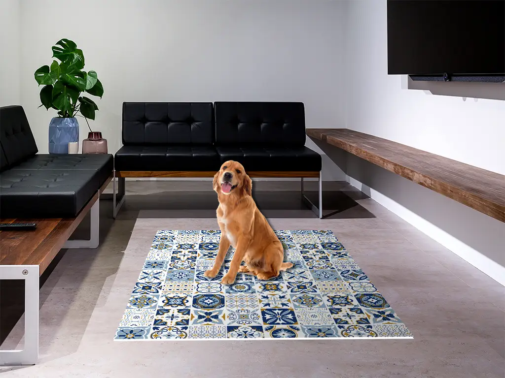 Covor antiderapant pentru bucătărie, din pvc, model Blue Tiles, linoleum antiderapant la rolă de 60x400 cm