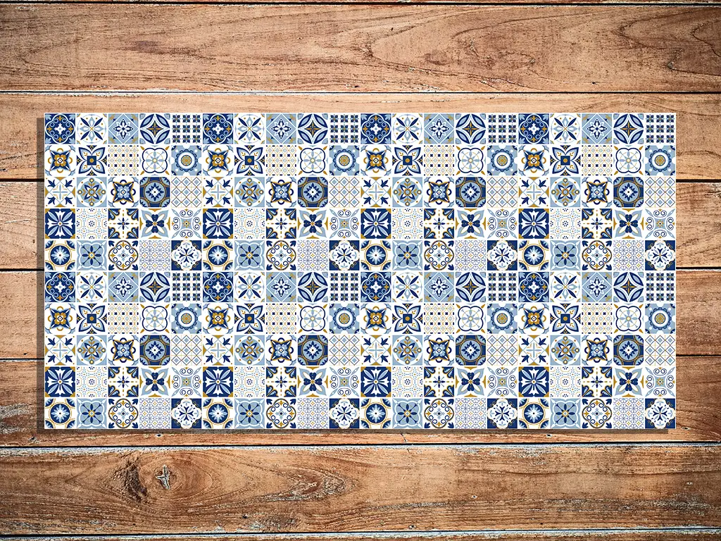 Covor antiderapant pentru bucătărie, din pvc, model Blue Tiles, linoleum antiderapant la rolă de 60x400 cm