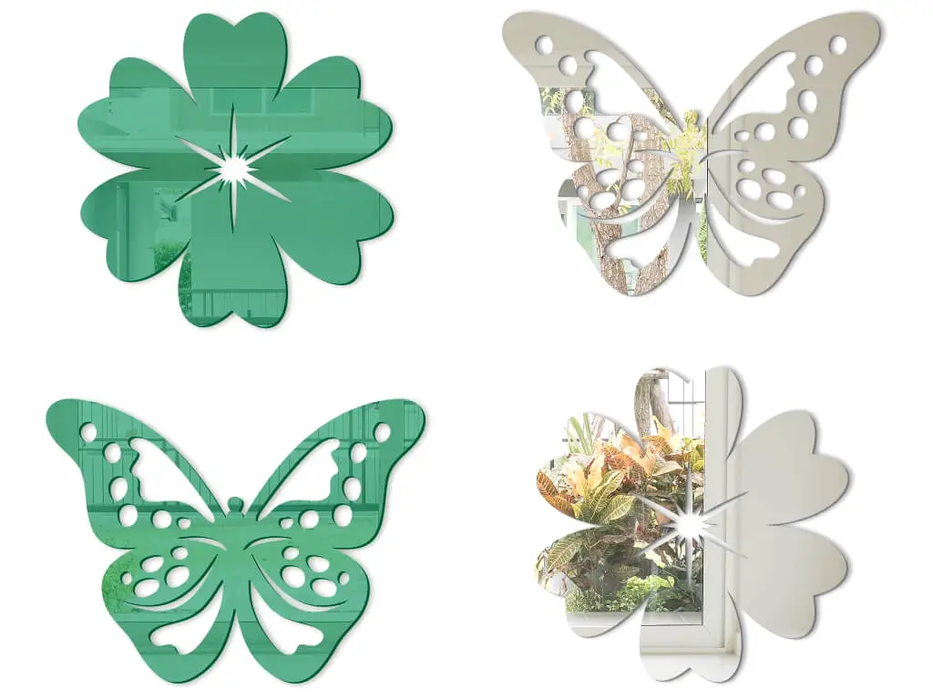 Set 4 stickere Clara, flori şi fluturi din oglindă acrilică argintie şi verde