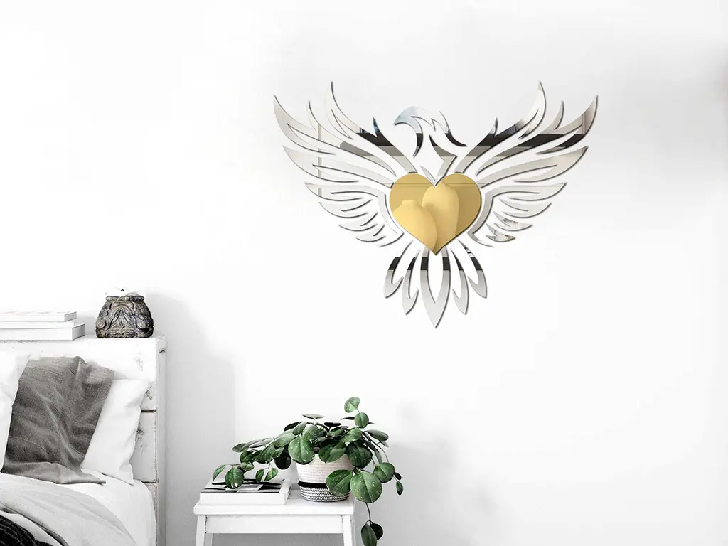 Decoraţiune de perete pasărea Phoenix, din oglindă acrilică aurie și argintie, 46x60 cm