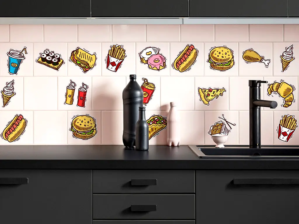 Set 15 stickere faianţă bucătărie, Folina, model Fast food, multicolor