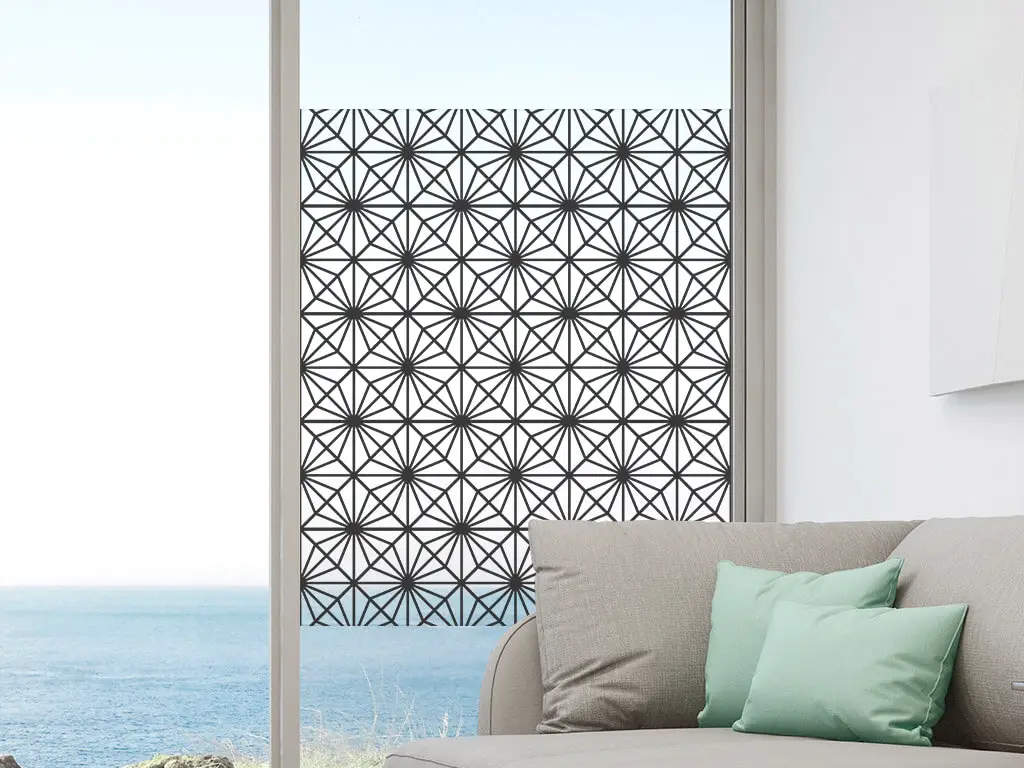 Folie geam autoadezivă Squares, Folina, rtransparentă cu model geometric negru, 122 cm lăţime